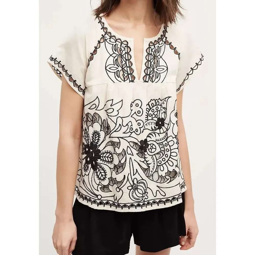 Anthropologie Vanessa Virginia Embroidered Rheya Blouse Sz 12 Black Cream Linen